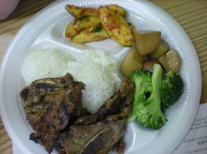 Kalbi with kimchi, potatoes, and broccoli